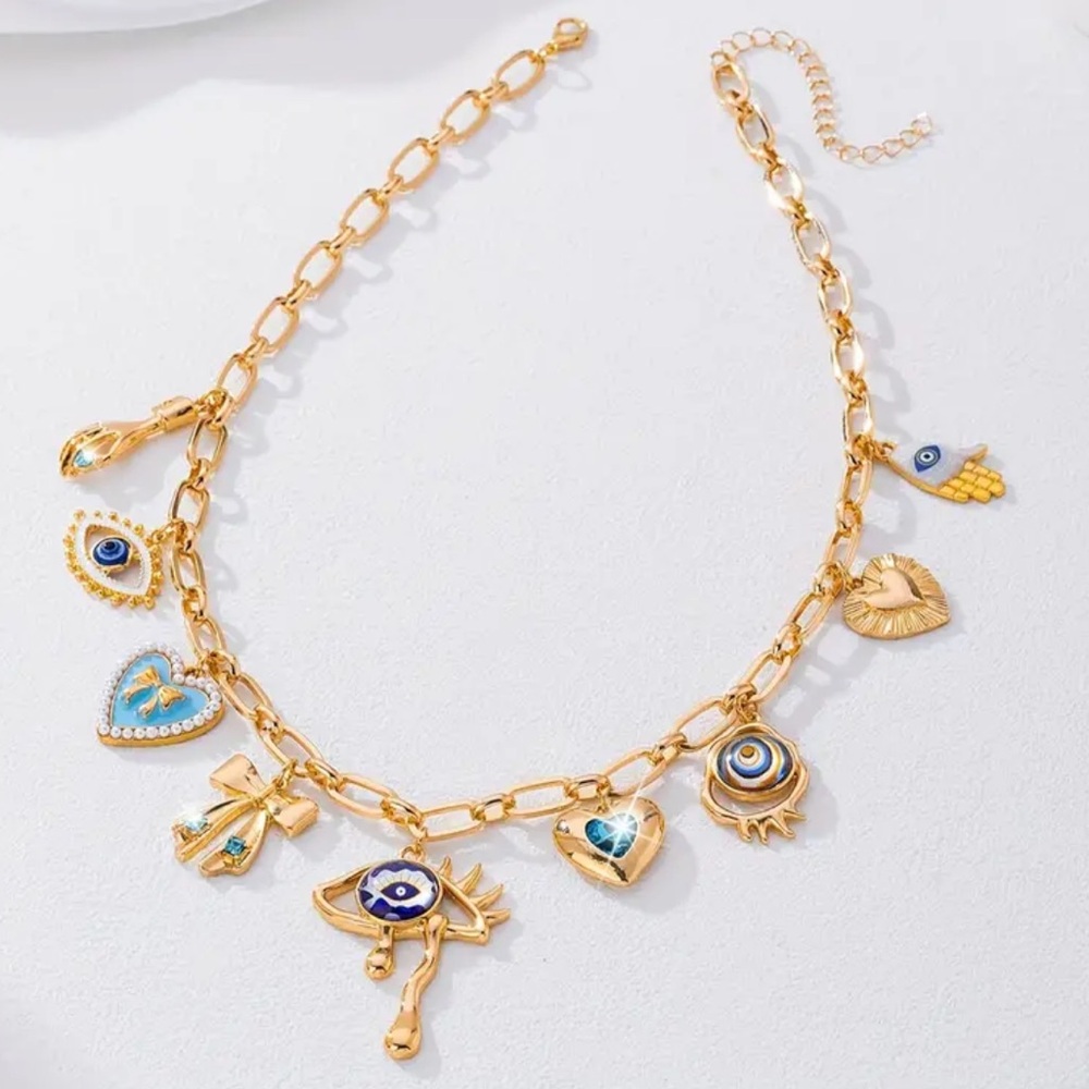 NEW Gold and Blue Charm Necklace with Astrology Pendants Handmade - Picture 3 of 7